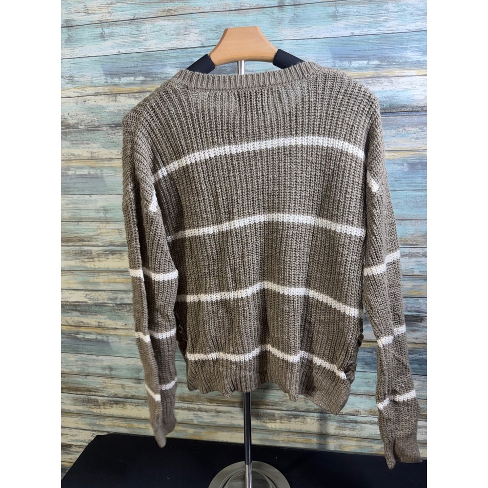 Pink Rose Sweater S Olive Green Striped Lace Up Side Shaker Knit Pullover - Picture 4 of 4